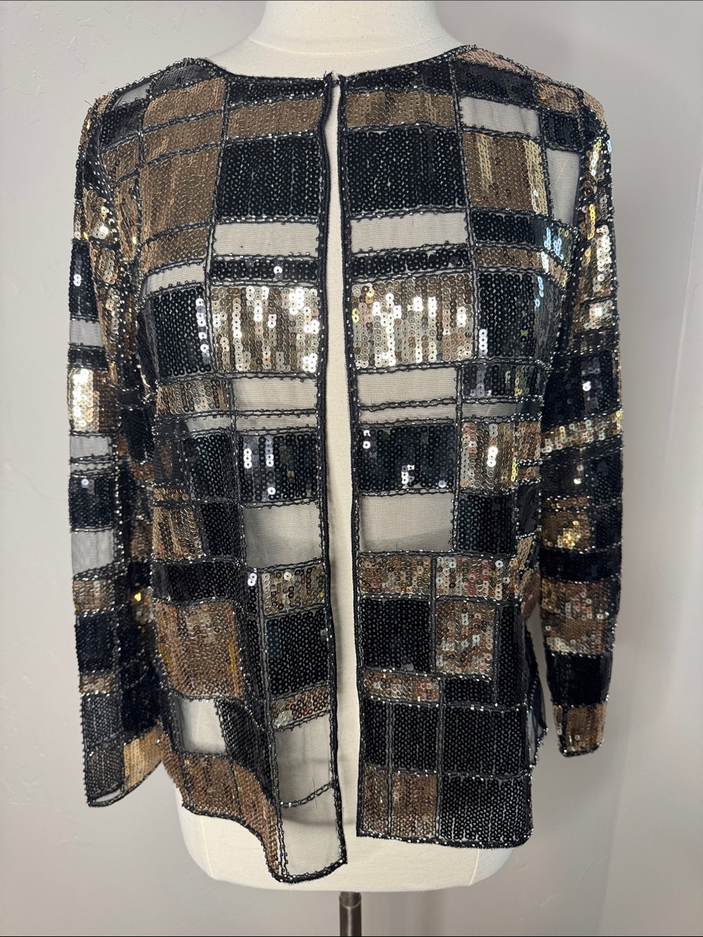 Midnight Velvet Black and Gold Sequin Grid Open Jacket
